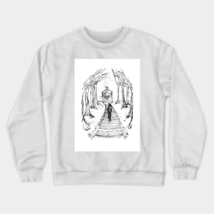 Old Railroad , Black and White boy and train in woods with moon landscape creepy Illustration Crewneck Sweatshirt